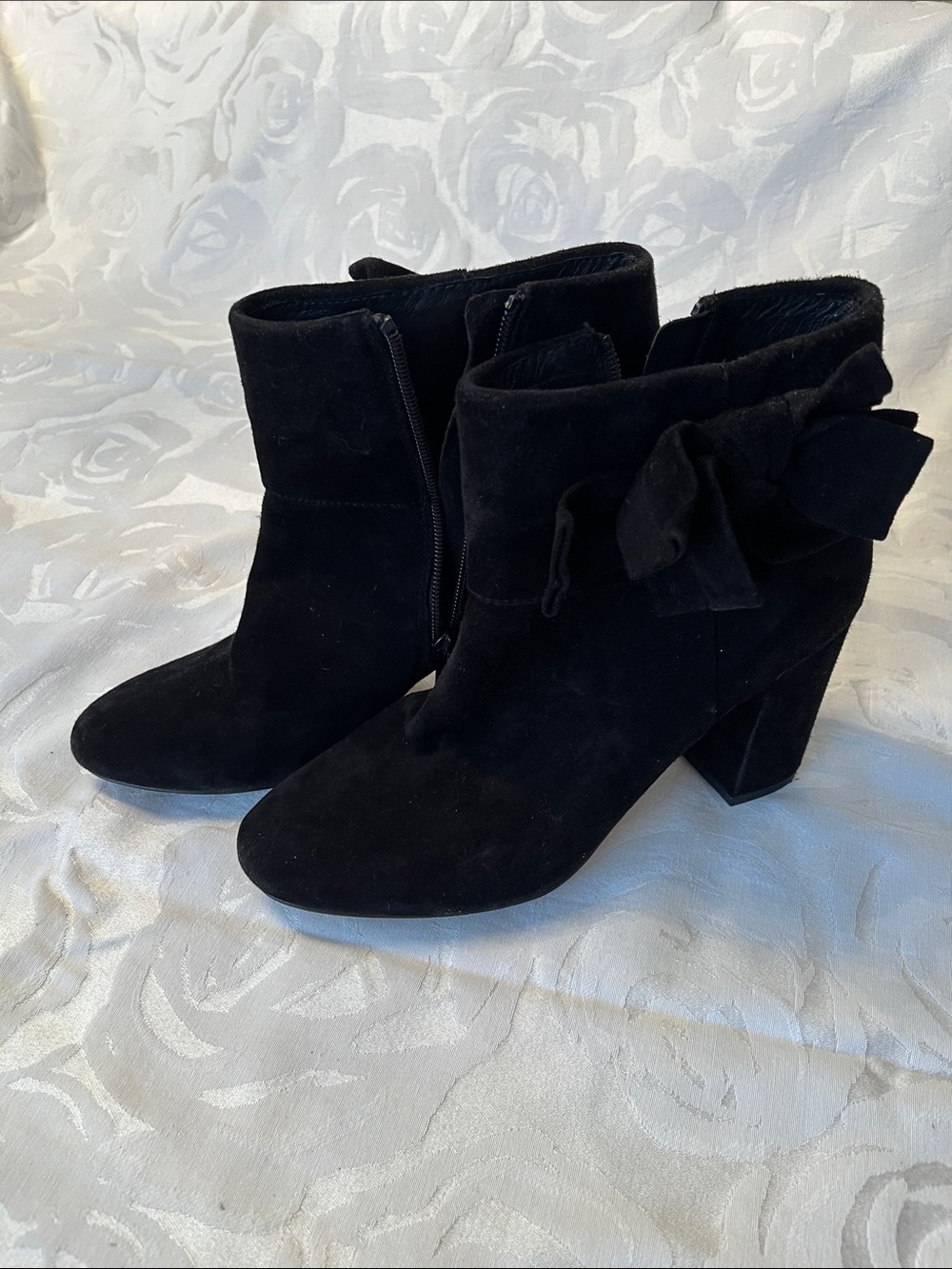 kate spade Black Suede Ankle Booties with Side Bow
